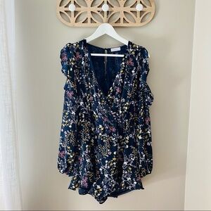 Lush Cold Shoulder Floral Romper Navy Sz Medium